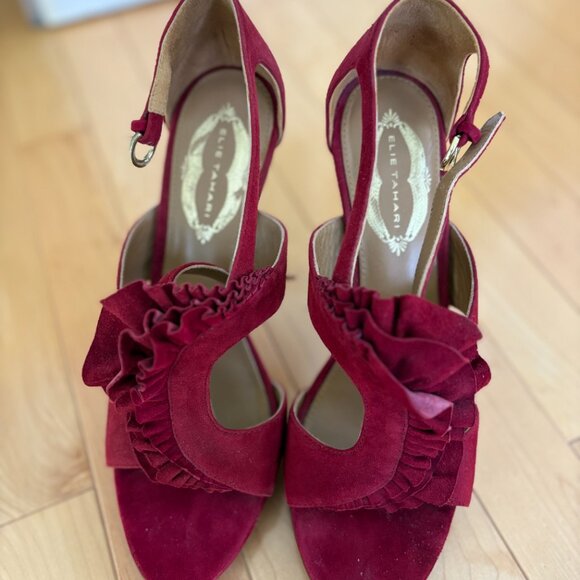 Elie Tahari Red Suede Ruffled Heels - Picture 2 of 6
